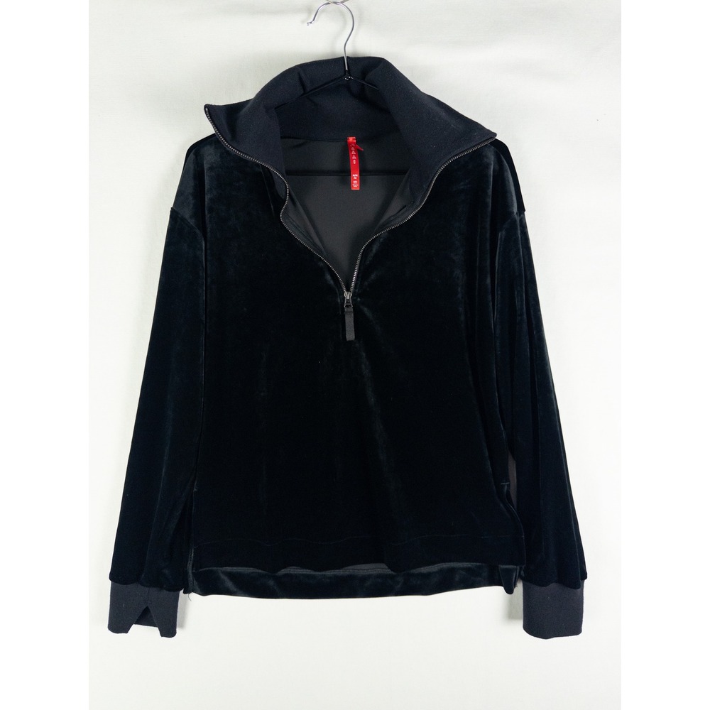 Spanx Velvet Half Zip Pullover Womens M Black Velour Quarter Zip Athleisure Luxe